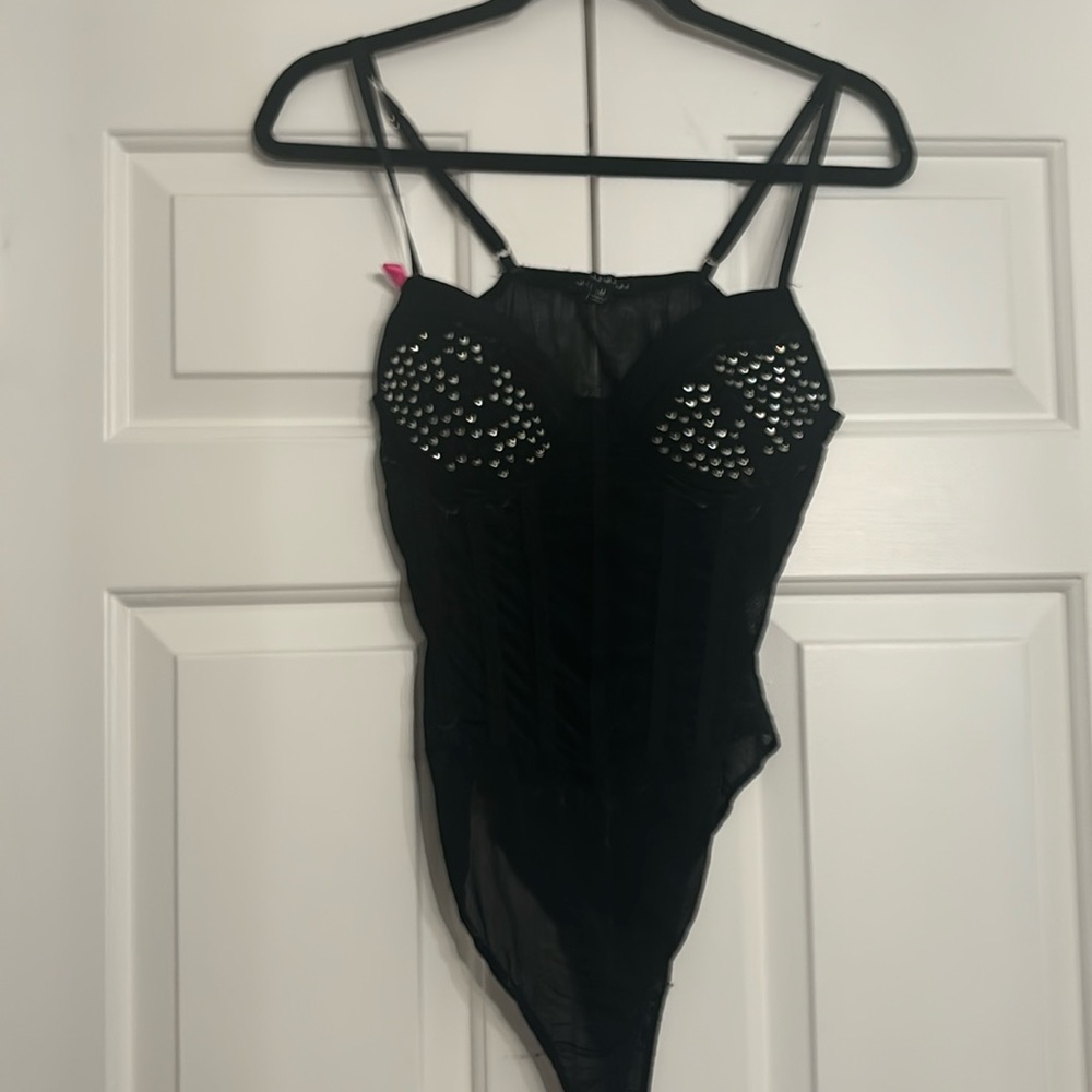 Haute monde sheer black rhinestone bodysuit lingerie teddy with boning